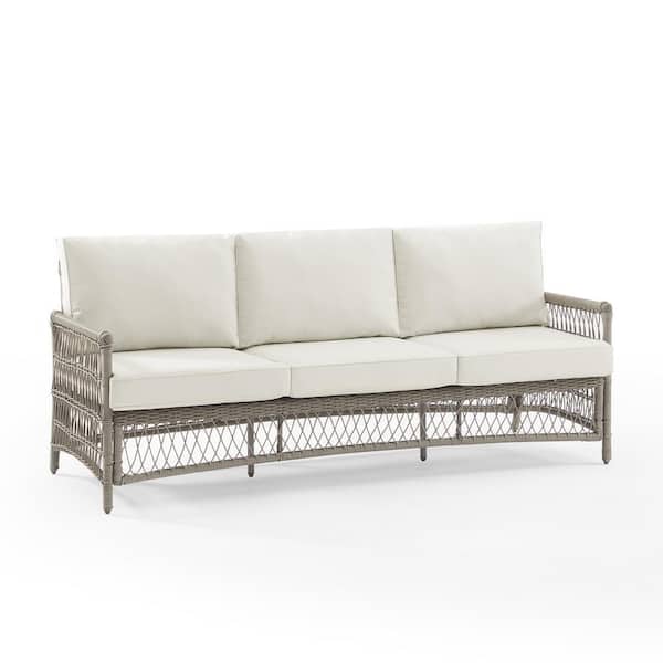 CROSLEY FURNITURE Thatcher Driftwood Wicker Outdoor Couch with Creme Cushions