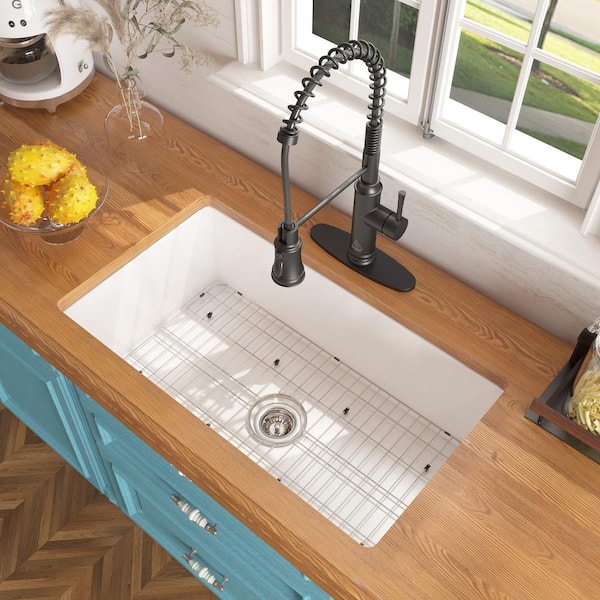 Glossy White Fireclay 32 in. Single Bowl Undermount Kitchen Sink with Bottom Grid and Drainer