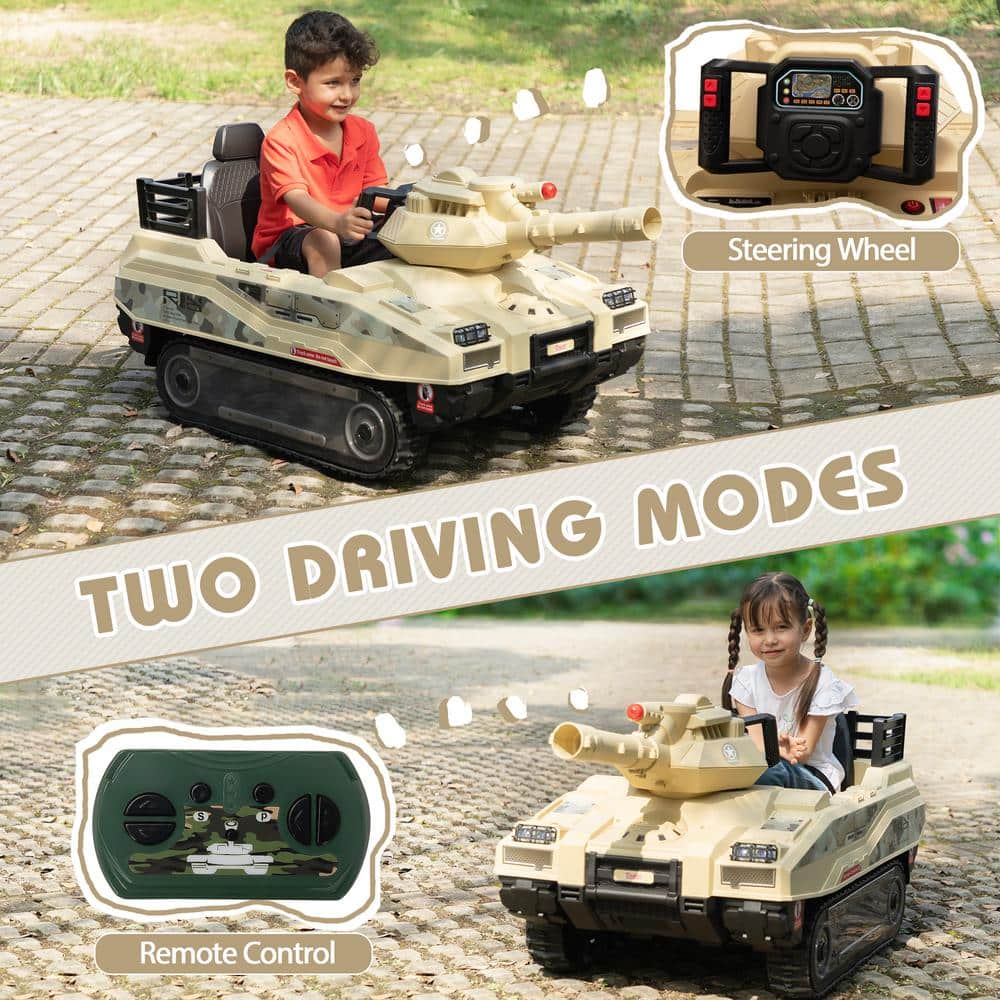 24V Yellow Battery-Powered Ride-On Tank with Remote Control