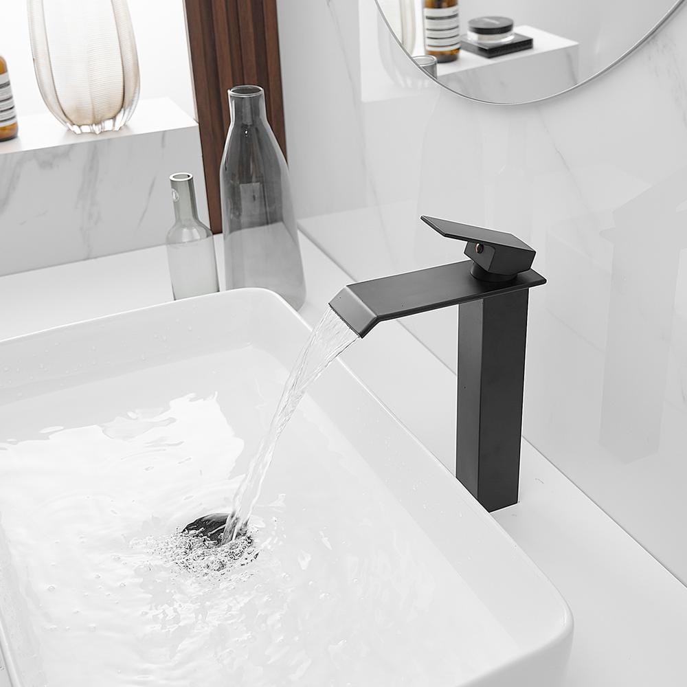 Matte Black Tall Waterfall Vessel Sink Faucet with Pop-Up Drain