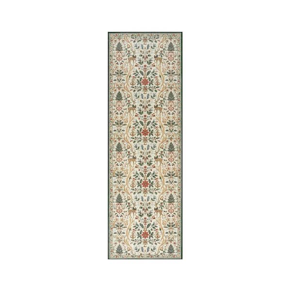 Vintage Christmas Woodland Floral Pattern Non Slip Beige 2 ft. x 10 ft. Living Room/Bedroom Indoor Area Rug