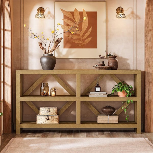 BYBLIGHT Turrella 70.87 in. Brown Farmhouse Rectangle Wood Entryway Console Table with Spacious Shelves, Behind Sofa Table