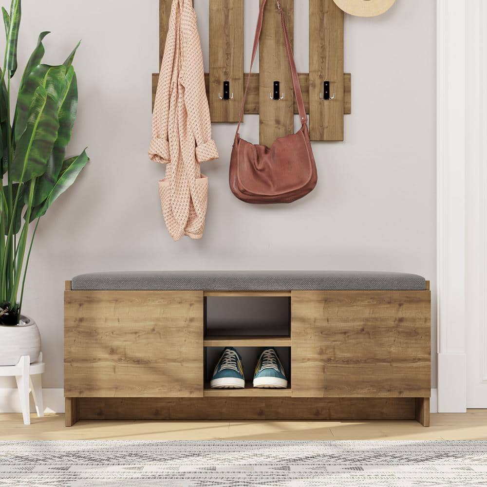 Rustic Walnut Shoe Storage Bench with Shelves and Cushion