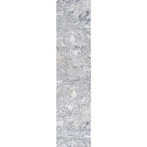 Swirl Marbled Abstract Gray/Blue 2 ft. x 10 ft. Runner Rug