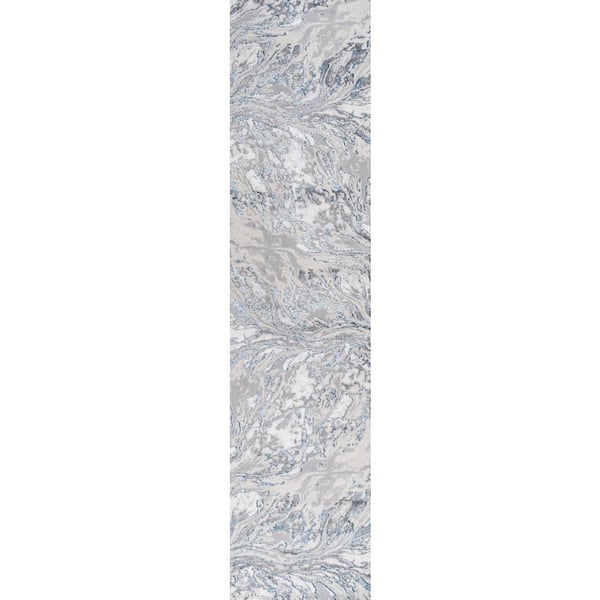 Swirl Marbled Abstract Gray/Blue 2 ft. x 10 ft. Runner Rug