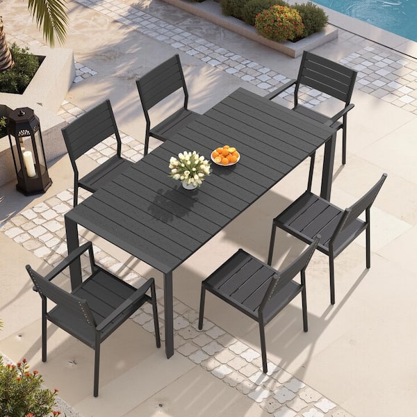 Black 7-Piece Aluminum Rectangular 71.42 in. Table Outdoor Dining Set and Stackable Chairs