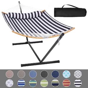 12.3 ft. Free Standing, 450 lbs. Capacity, 2-Person Hammock with Stand and Detachable Pillow in Black and White Stripes