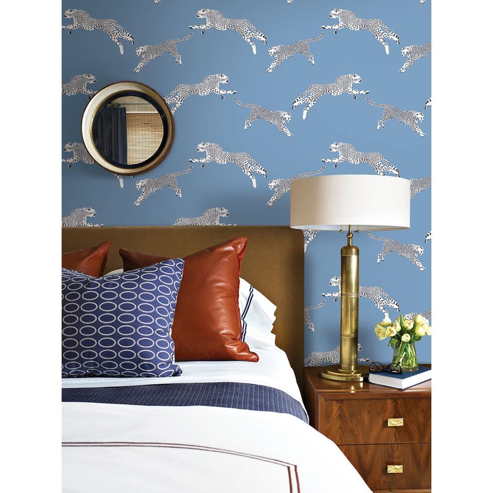 Sky Blue Vinyl Peel and Stick Wallpaper with Leaping Cheetah Design