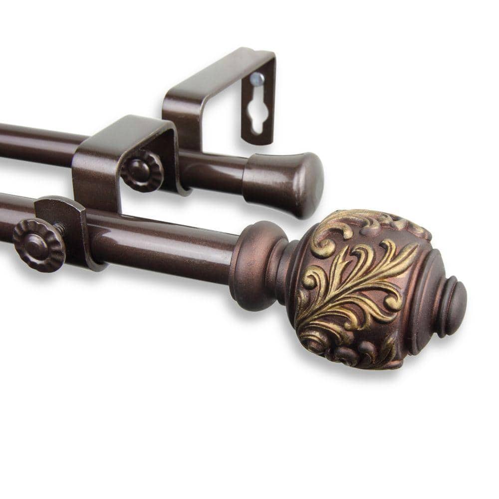 Mahogany Steel Double Curtain Rod with Carved Finials