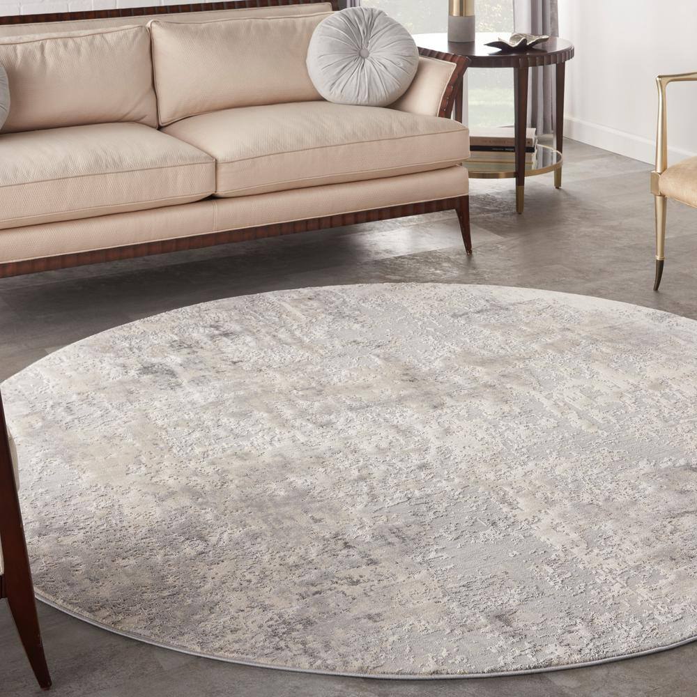 Rustic Grey and Beige Round Synthetic Abstract Rug 5'3"