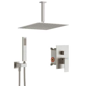 AIM 1-Spray 16 in. Square Ceiling Mount Rainfall Shower Head and Fashion Hand Shower in Brushed Nickel (Valve Included)