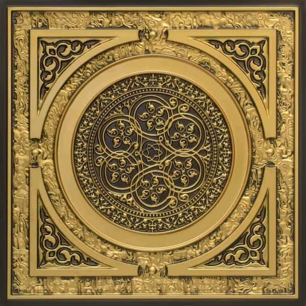 FROM PLAIN TO BEAUTIFUL IN HOURS Steampunk Antique Brass 2 ft. x 2 ft. PVC Glue-up or Lay-in Faux Tin Ceiling Tile (200 sq. ft./case)