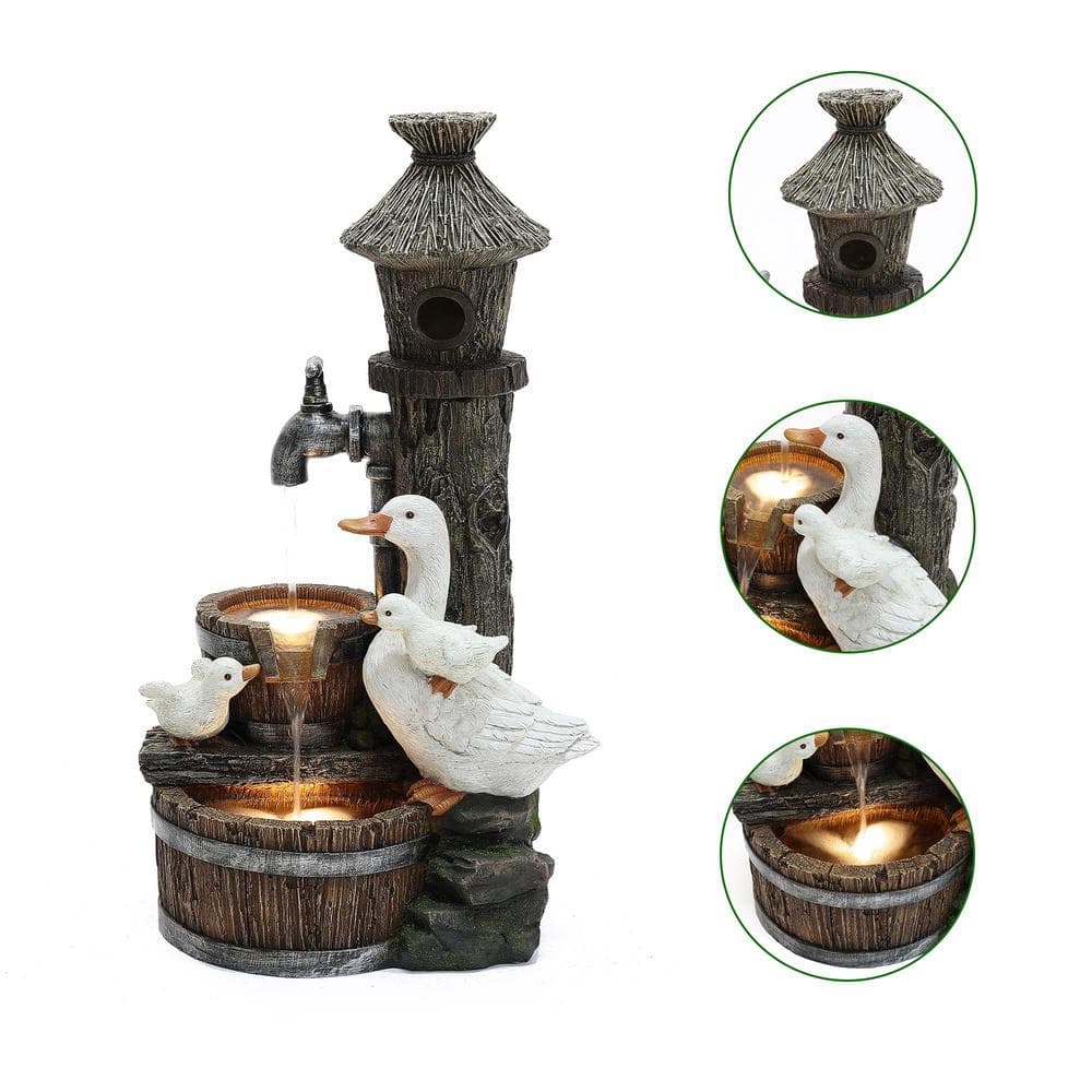 Rustic Farmhouse Ducks and Birdhouse Resin Outdoor Water Fountain with Lights