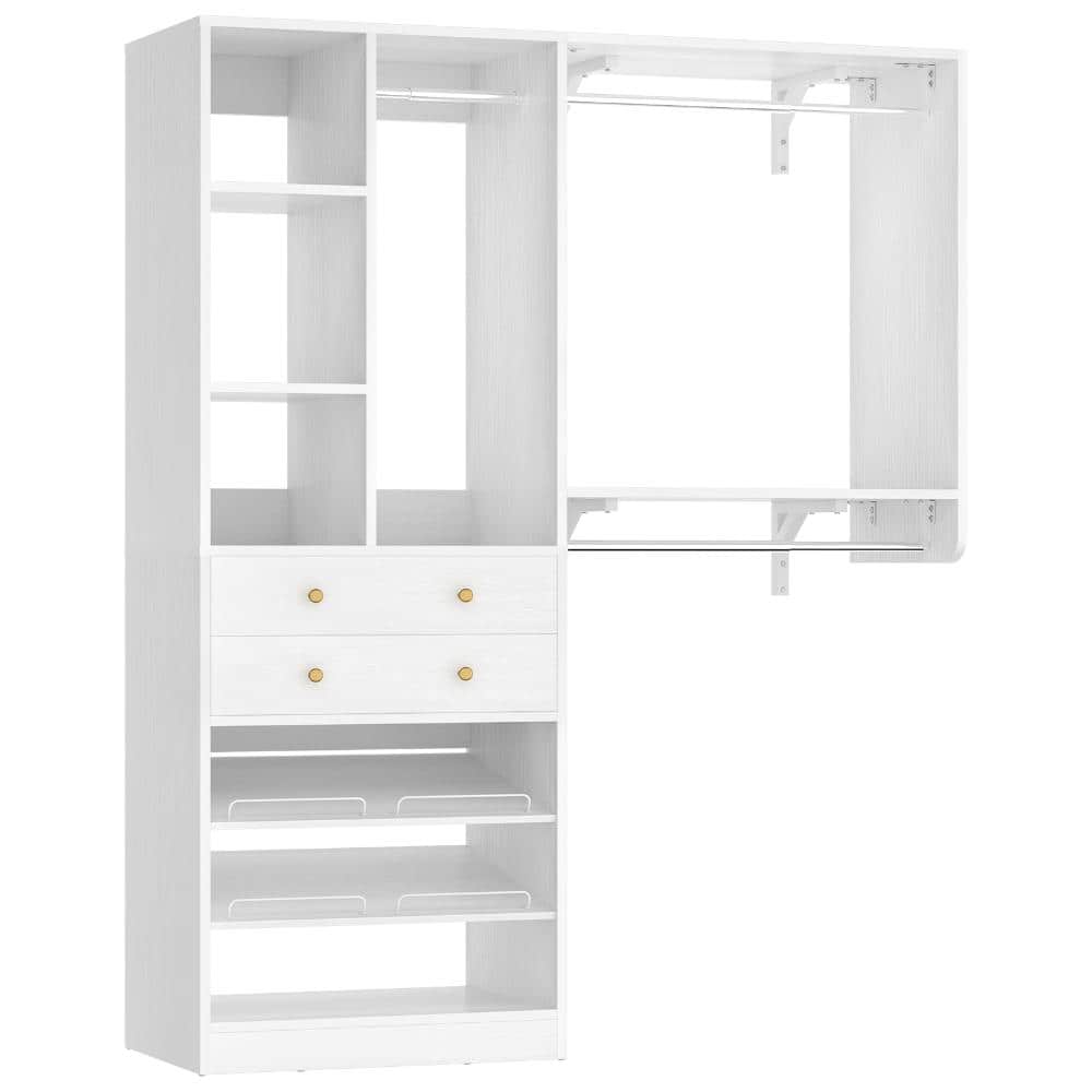 60 in. W - 92 in. W White Reach-In Wall Mount Closet System with 2 Drawers & Reversible Hanging Rod and Shelves