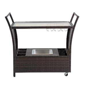Brown Wicker Outdoor Serving Bar Counter Table with Shelves, Racks and Wheels