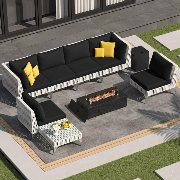 9-Piece Outdoor Fire Pit Patio Set Conversation Set with LED Fire Pit Table, Black Cushions and 2 Coffee Tables