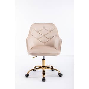 Beige Velvet Upholstered Swivel Homeoffice Height Adjustable Task Chair with Gold Base and 360° Castor Wheels