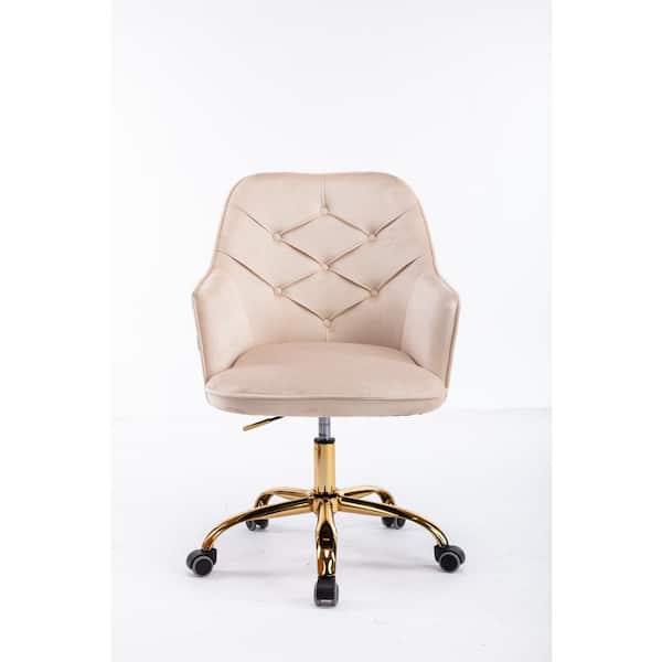 HOMEFUN Beige Velvet Upholstered Swivel Homeoffice Height Adjustable Task Chair with Gold Base and 360° Castor Wheels