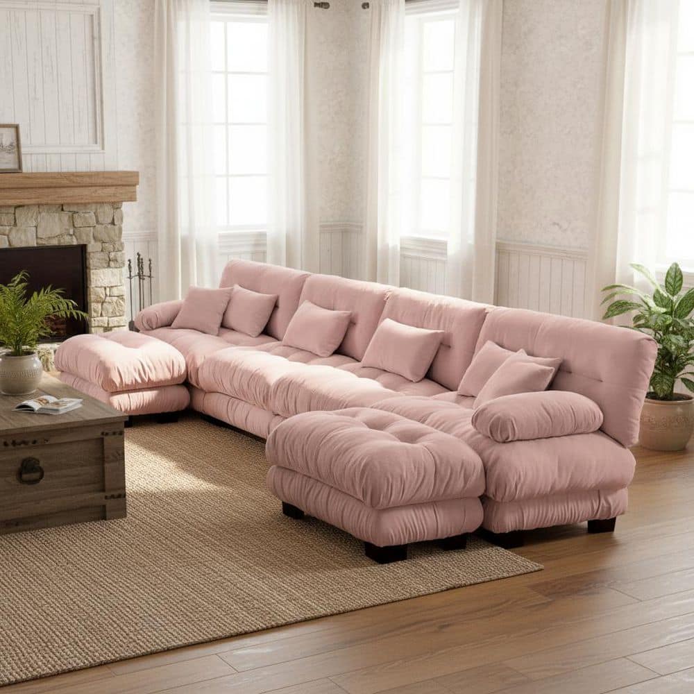 MINH 173.2 in. Pillow Arm 6-Piece Chenille Sectional Sofa with 2 Movable Ottomans, Cloud Like Comfort in Mauve Pink