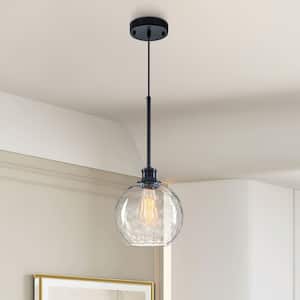 Glazure 1-Light Matte Black Modern Transitional Clear Water Ripple Glass Globe Pendant Light