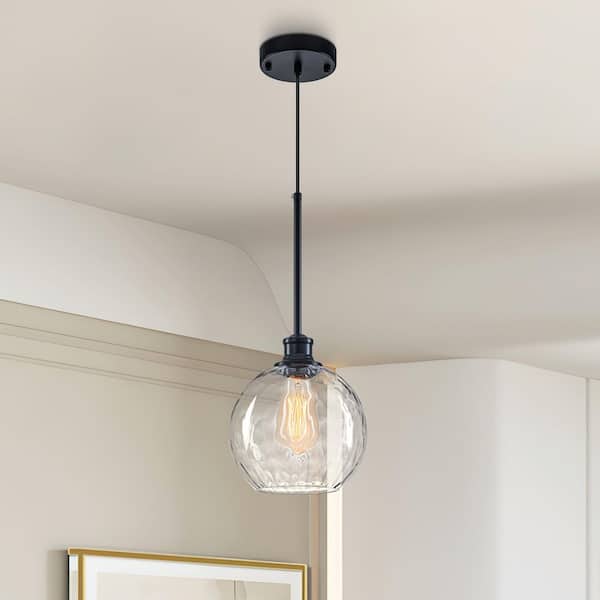 1-Light Black Modern/Contemporary Clear Hammered Glass Hanging Pendant Light 1 Light Transparent Water Glass Chandelier