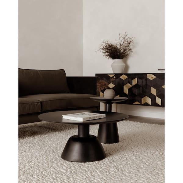 NADAAL STUDIOS Quincy 16 in. x 16 in. x 18 in. Black Round Wood End Table - A Symphony of Sculpted Mango, Charcoal Grey