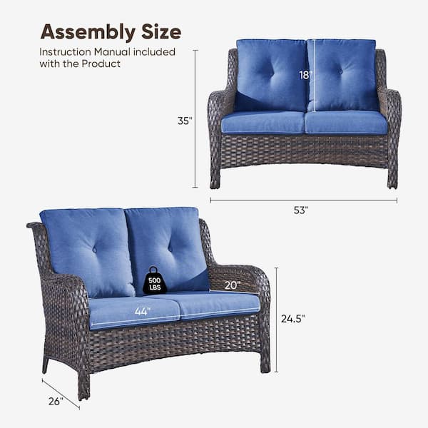 WellCane Brown Wicker 1-Piece Outdoor Loveseat 2-Seat Sofa Couch with Olefin Blue Cushion, Deep Seating for Garden Porch