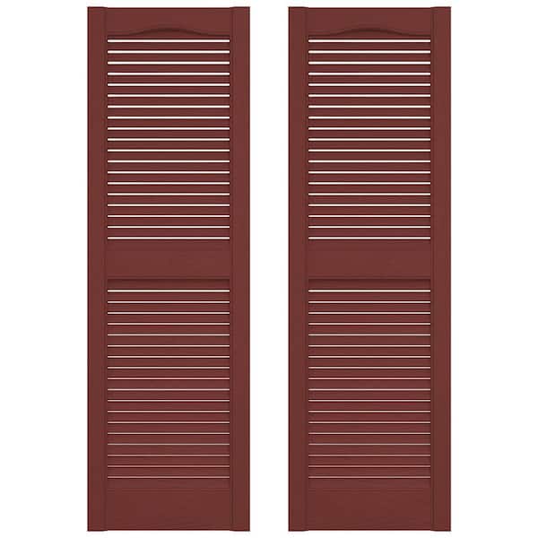 12 in. x 25 in. Louvered Vinyl Exterior Shutters Pair in Burgundy Red