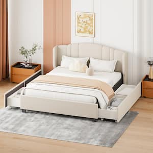 Beige Upholstered Wood Frame Queen Size Platform Bed with Wingback Headboard and 4 Storage Drawers