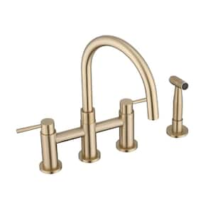 Double Handle Bridge Kitchen Faucet with Side Spray in Brushed Gold