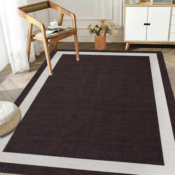 Everest Brown Creme 9 ft. x 12 ft. Machine Washable Geometric Modern Border Polyester Non-Slip Backing Area Rug