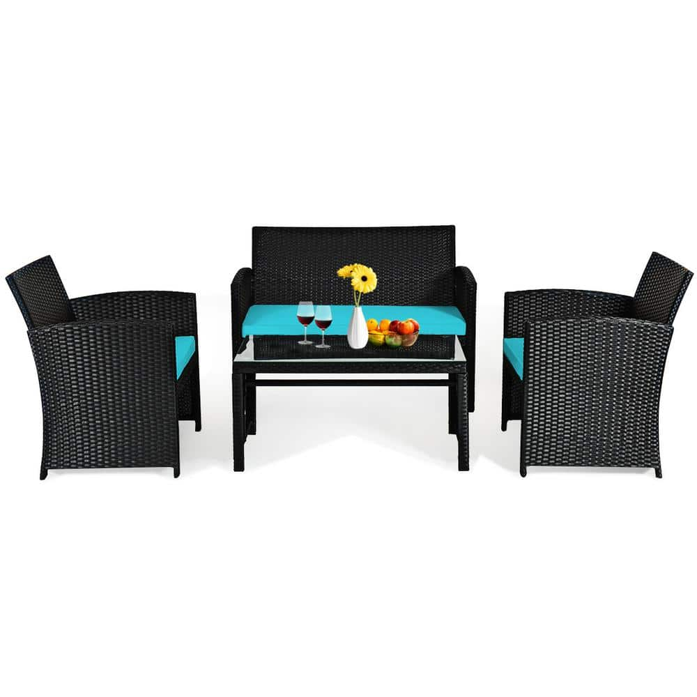 HONEY JOY Black 4Piece Wicker Outdoor Patio Conversation Set with