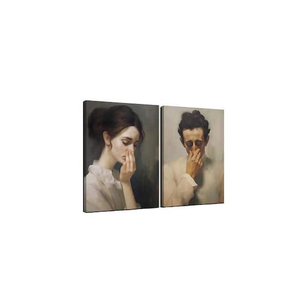 2-Piece Bathroom Wall Art Pictures Amusing Lady Man Covering Nose Canvas Prints, 16x24in