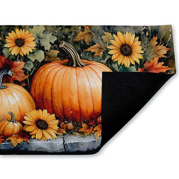 Autumn Pumpkins on Ledge Orange 18 in. x 30 in. Polyester Non-Slip Outdoor Door Mat