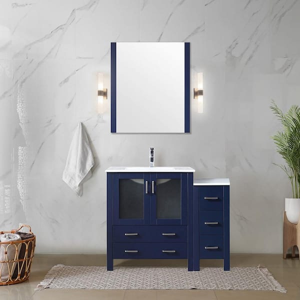 Lexora Volez 42 in. W x 18 in. D x 34 in. H Single Sink Bath Vanity in Navy Blue with White Ceramic Top and Mirror