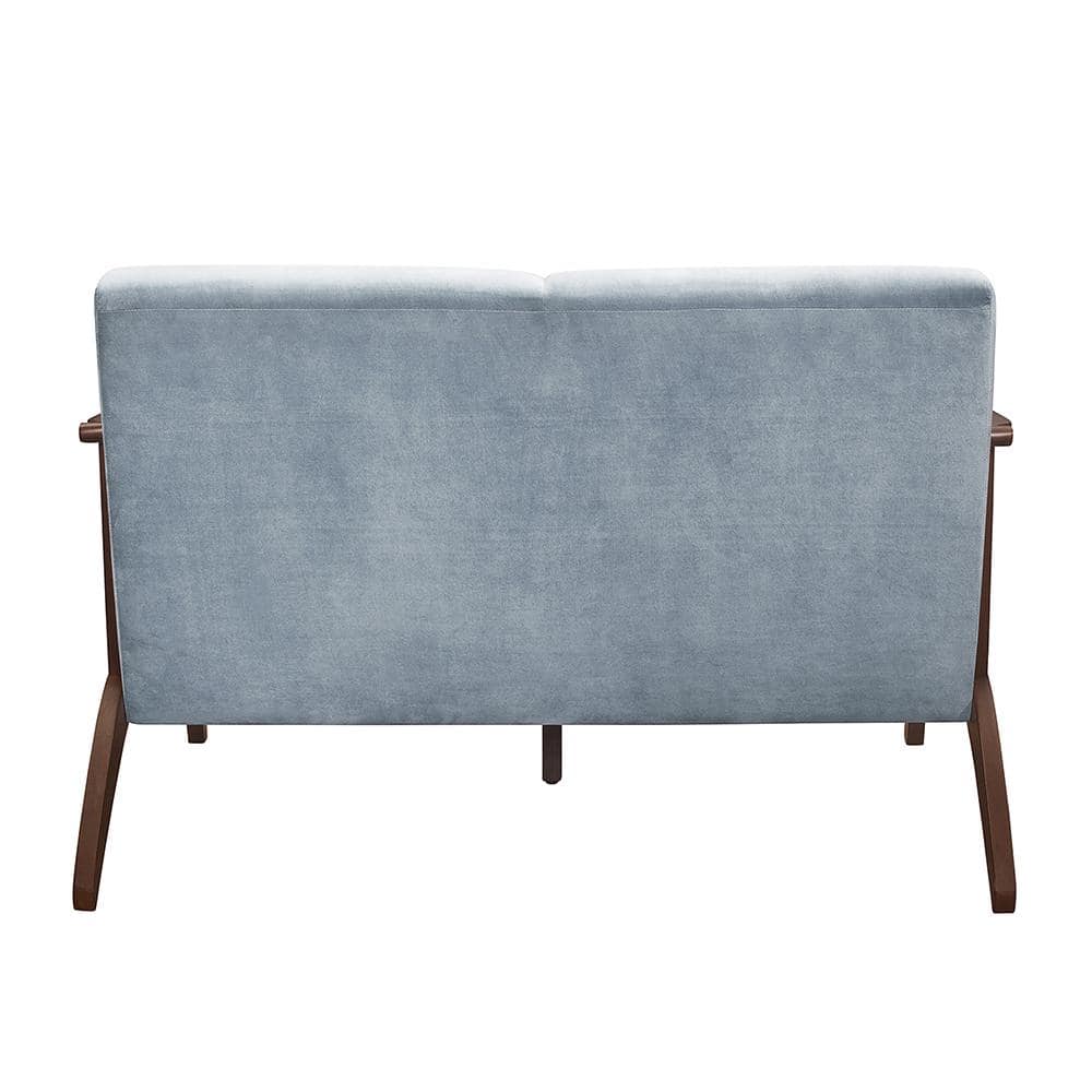 Carlson Blue Gray Velvet Loveseat with Dark Walnut Wood Frame