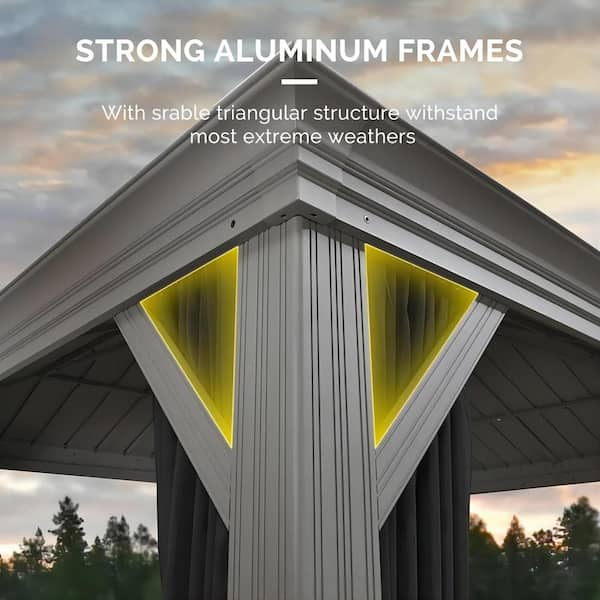 11 ft. x 15 ft. Light Gray Aluminum Power-Coated Frame Galvanized Steel Double Roof Hardtop Gazebo Hooks Netting Curtain