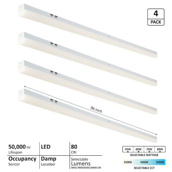 LNC 8 ft. Integrated LED White Strip Light Fixture Selectable CCT 3500/4000/5000K with Occupancy Sensor (4-Pack)