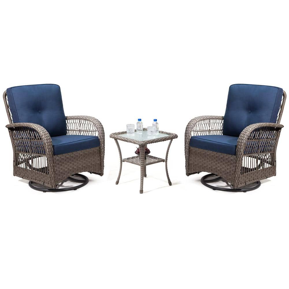 3--Piece Brown Wicker Outdoor Bistro Set with Blue Cushions