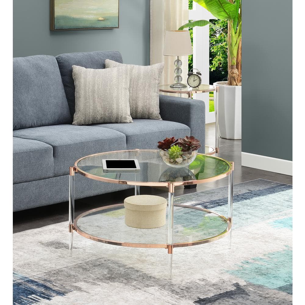 Round Rose Gold Acrylic and Glass Coffee Table