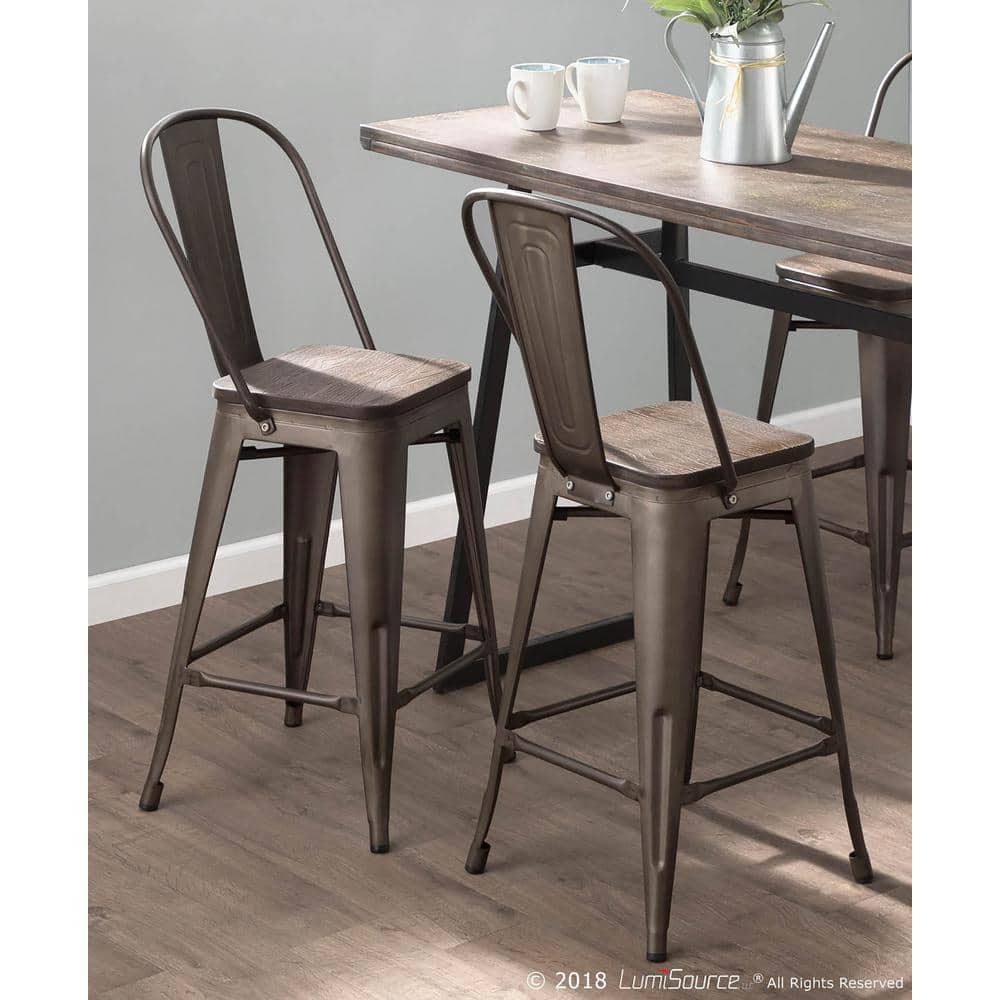 Antique and Espresso Industrial High Back Counter Stools - Set of 2