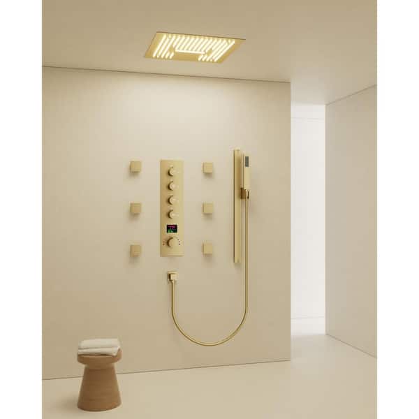 LED Mood Lighting 15-Spray 16 in. Ceiling Mount Dual and Handheld Shower 2.5 GPM with Slider Bar in Brushed Gold