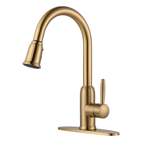WOWOW Single Handle Deck Mount Gooseneck Pull Down Sprayer Kitchen Faucet with Deckplate Included in Brushed Gold