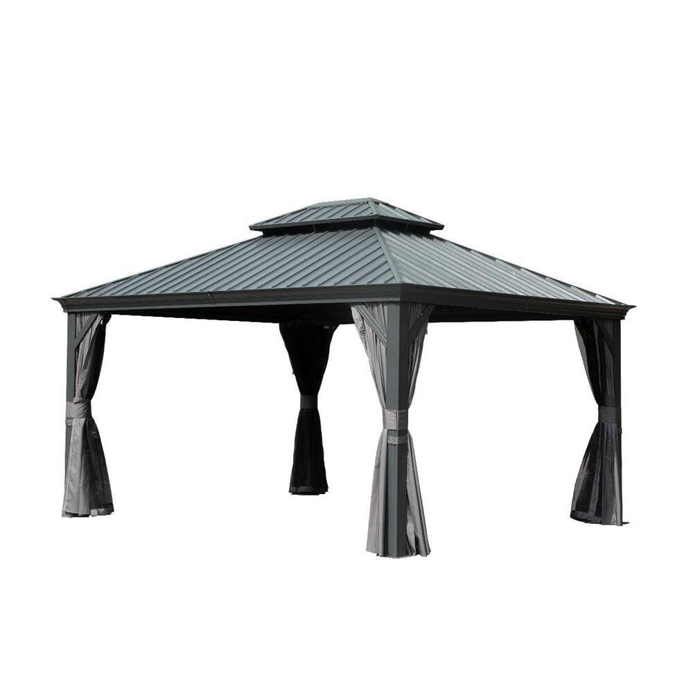 12 ft. x 14 ft. Grey Permanent Hardtop Gazebo with Galvanized Steel Double Roof, Drainage Gutters, Curtains, and Netting price history on PriceWatchPro