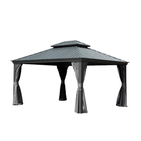 12 ft. x 14 ft. Grey Permanent Hardtop Gazebo with Galvanized Steel Double Roof, Drainage Gutters, Curtains, and Netting