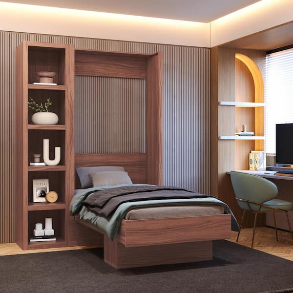 Easy-Lift Brown Wood Frame Twin Murphy Bed with Bookshelf