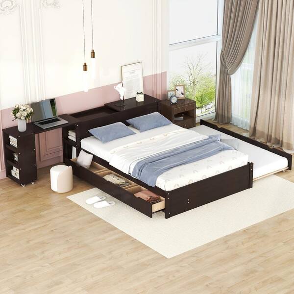 Harper & Bright Designs Espresso Brown Wood Frame Full Size Wood Platform Bed with a Rolling Shelf, 3-Drawers and Twin Size Trundle