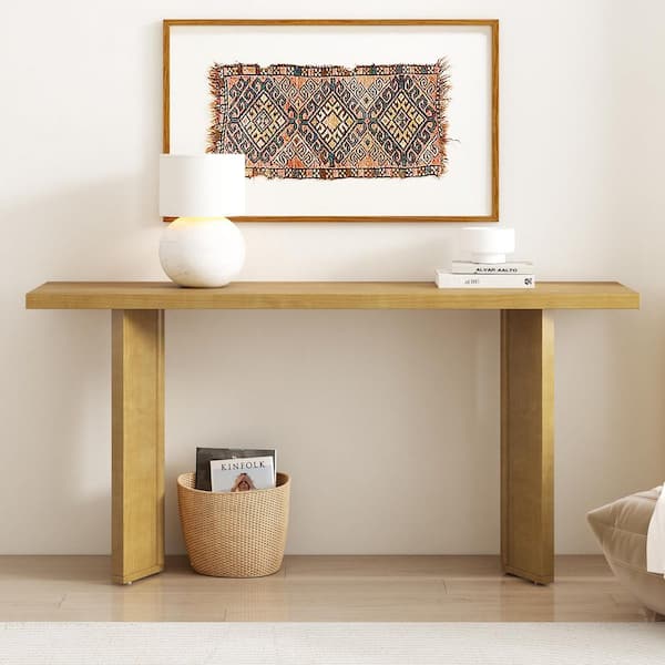63 in. Natural Rectangle Pine Wood Console Table with Pine Veneer and Geometric Legs