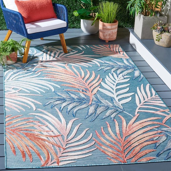Cabana Blue/Rust 8 ft. x 10 ft. Tropical Palm Leaf Indoor/Outdoor Area Rug