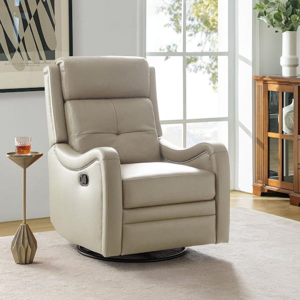 Gema Beige Genuine Leather Swivel Rocker Recliner with Nailhead Trims for Living Room